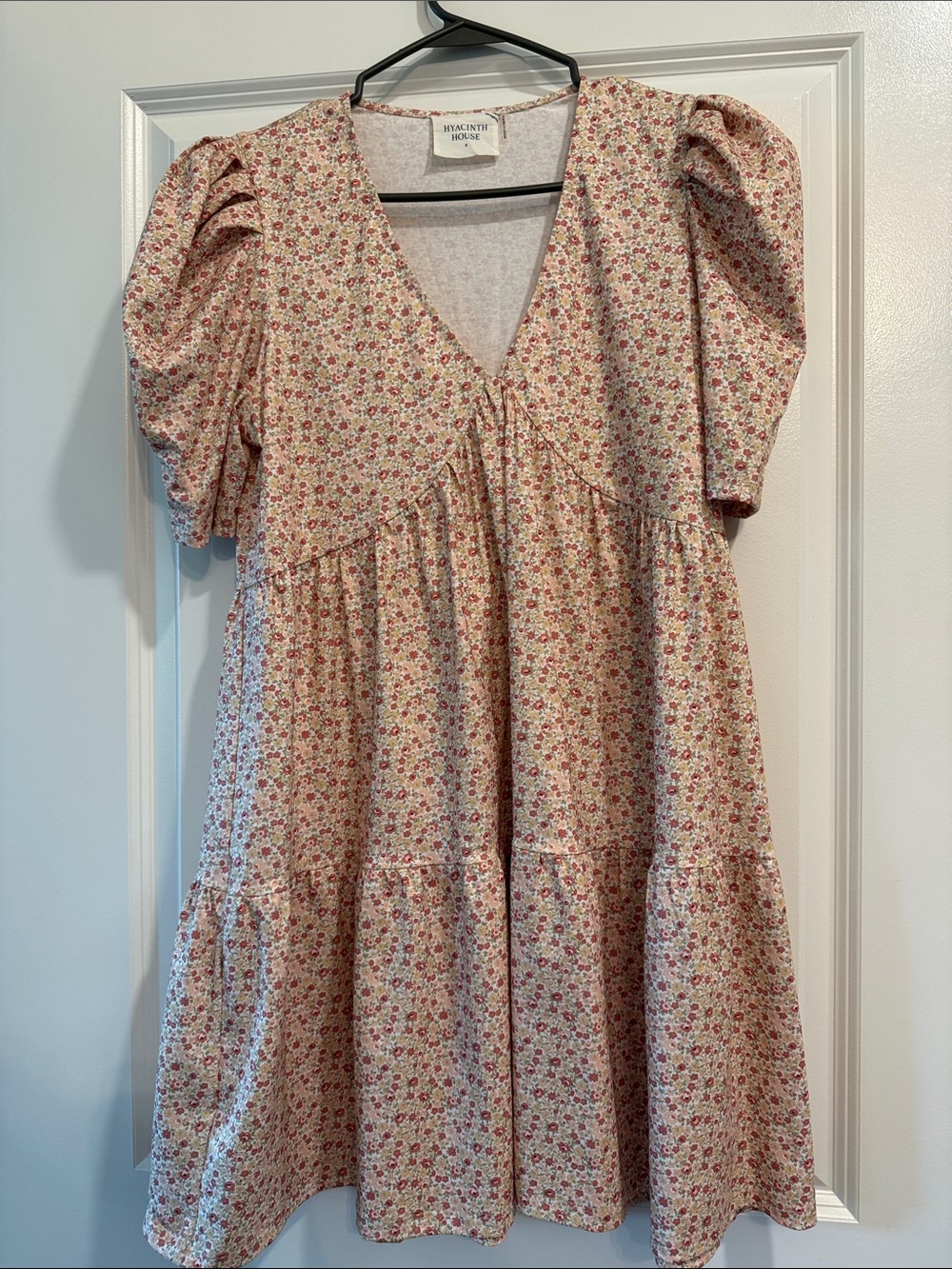 Wycinth House Cream Floral Mini Dress with Puff Sleeves - Pink Flower Print